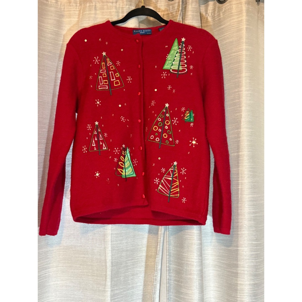 VTG Karen Scott 100% Wool Christmas Tree Cardigan Sweater Red Green Beaded Sz PS